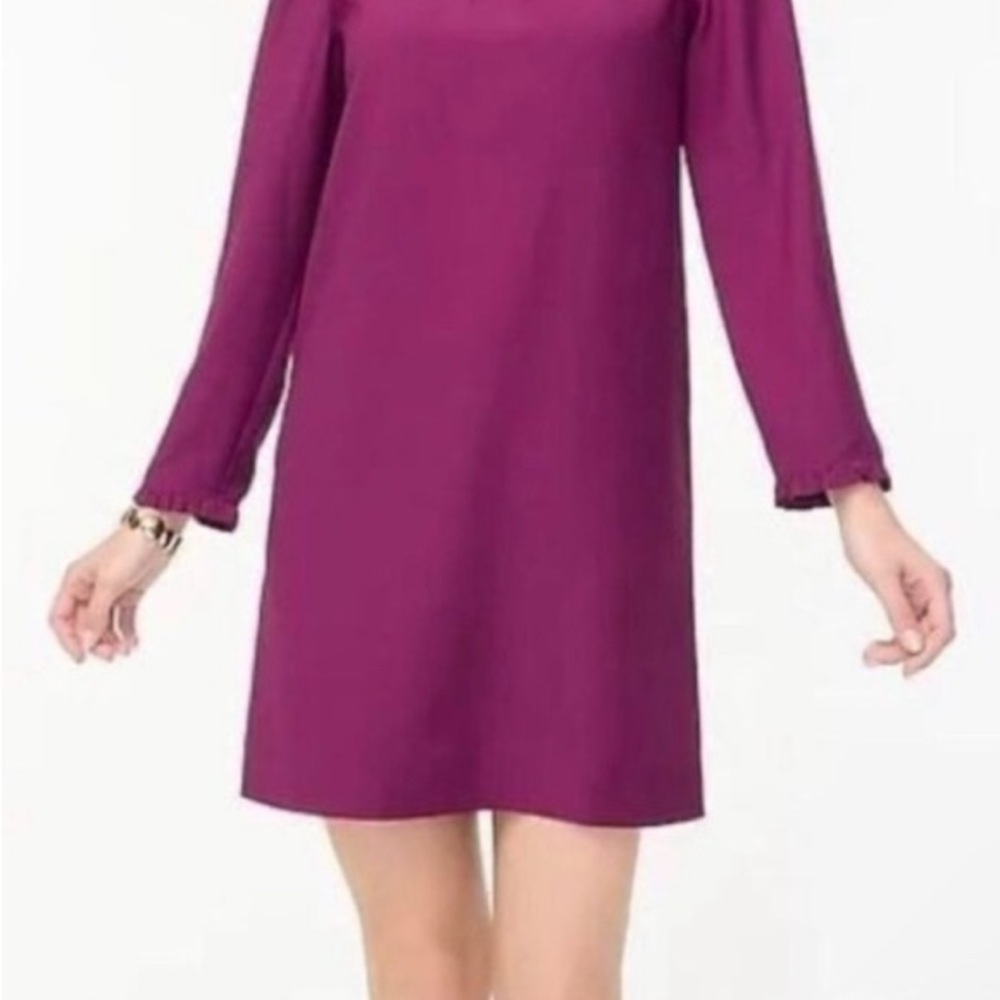 J. Crew Ruffle Neck Shift Dress Women's Size 6 Plum Long Sleeve Retro Mod Mini